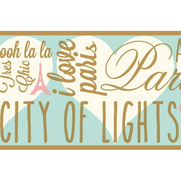 York Wallcoverings' Prepasted Wallpaper Border - Paris City of Lights Gold, Blue, White, Pink Wall Border Retro Design, Roll 15 ft X 6.75 in (4.57m X 17.15cm)