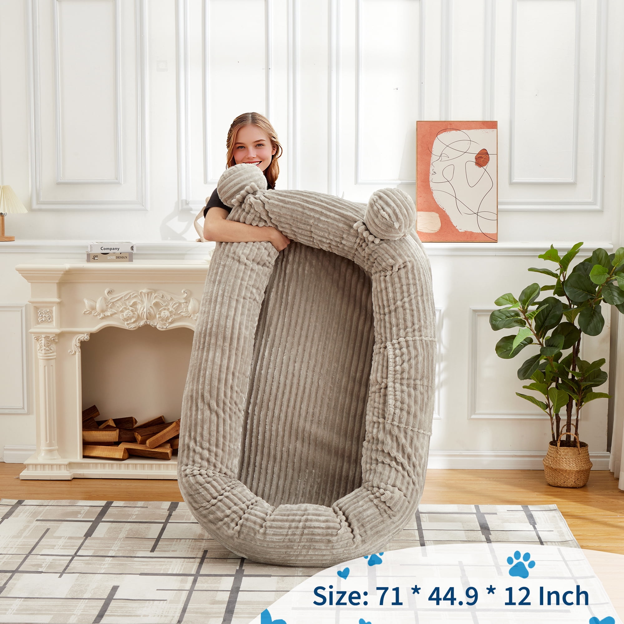 Human Dog Bed for Adults, Human Size Dog Bed Fits You and Pets, Washable Faux Fur Napping Orthopedic Dog Bed with Blanket & 2 Side Pockets, Brown