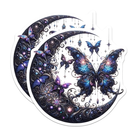 (2 Pack) Butterfly Moon Stickers - Celestial Stickers - Fantasy Art Stickers - 5" On Longest Side - Sticks to Smooth Flat Surfaces - Made in USA - BMCS15501