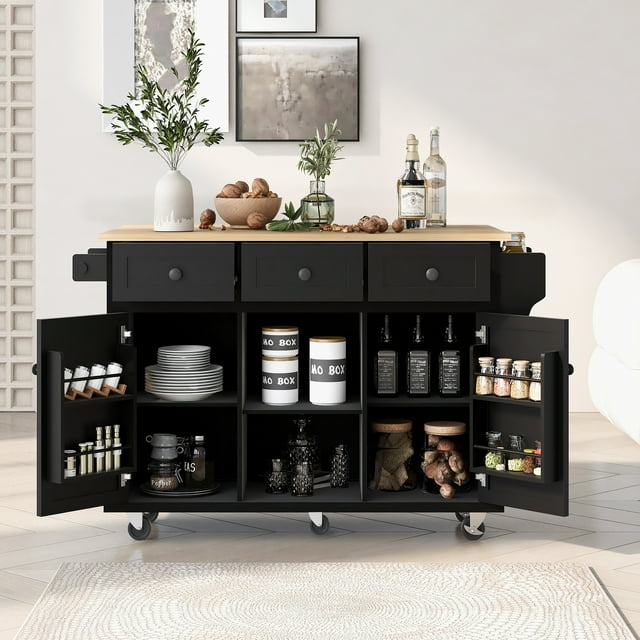 Chariot de Cuisine K&K avec Comptoir Rabattable en Bois de Caoutchouc, Étagères de Rangement Internes pour Porte d'Armoire, Îlot de Cuisine Roulant sur 5 Roues avec Tablettes Ajustables et 3 Tiroirs pour Salle à Manger, Noir
