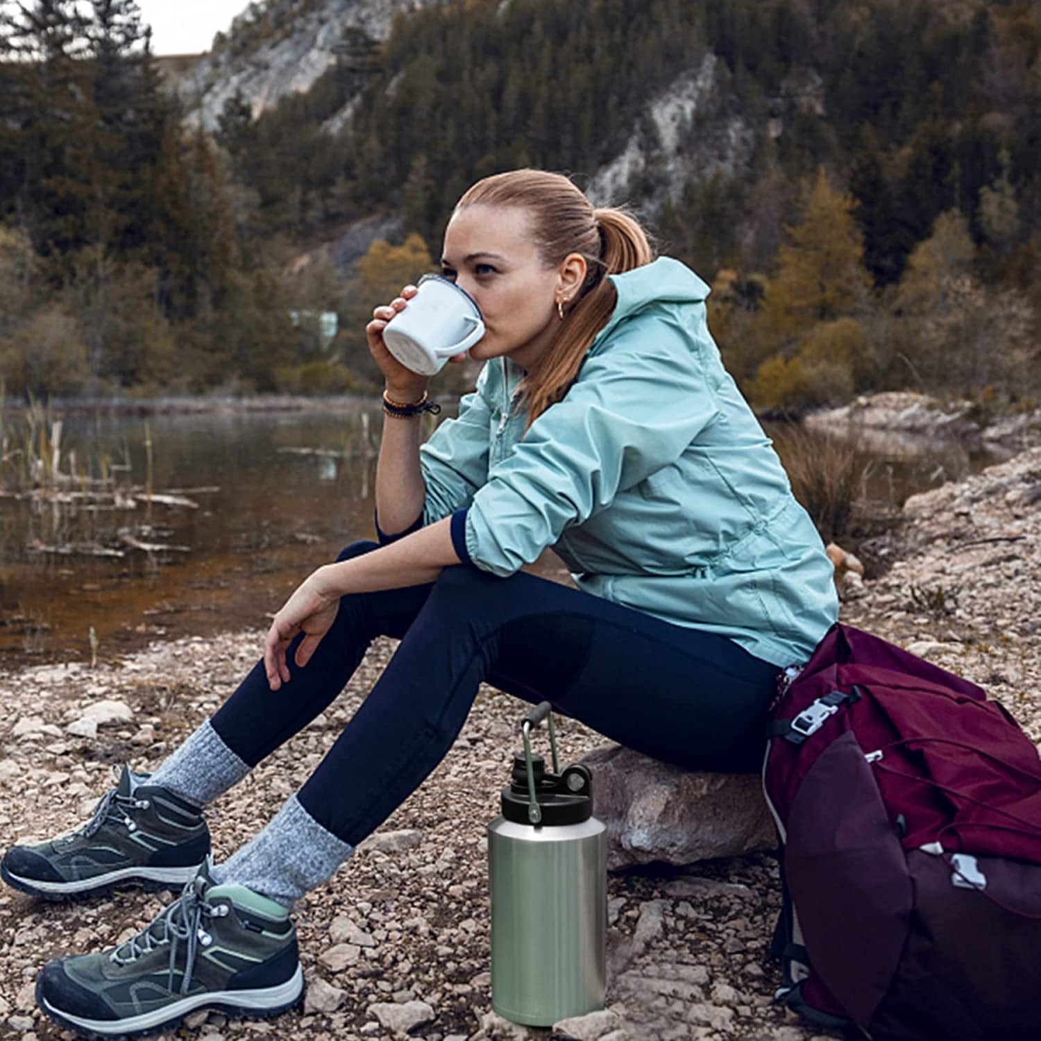 Insulated Gallon Jug with Handle, One Gallon, 128 Ounces, Stainless Steel, Large Double Vacuum Water Bottle for Hot & Cold Drinks, Wide Mouth, Sweat Proof, Great for Travel, Camping