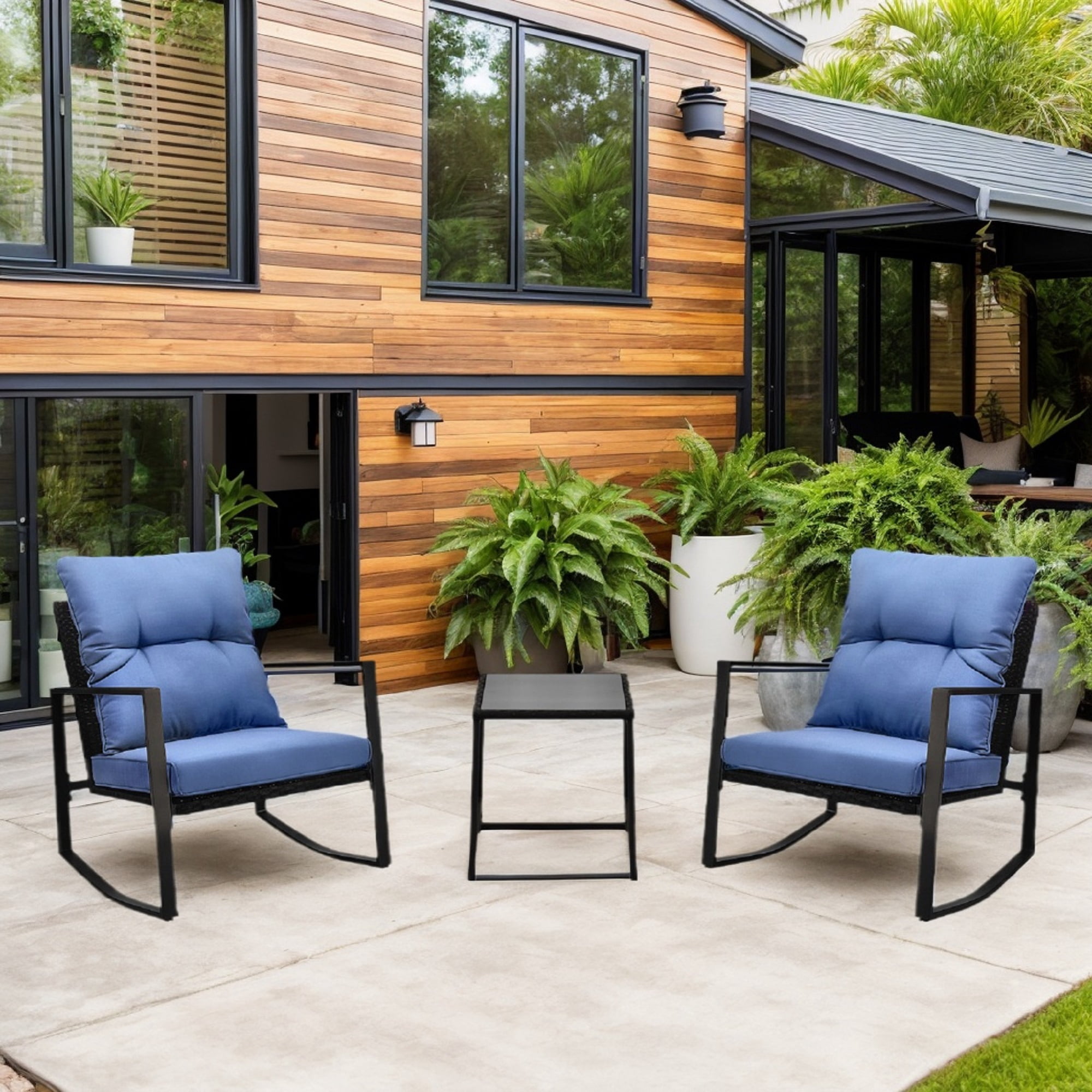 Leumius Patio Furniture Set,3 Pieces Outdoor Rocking Chairs Set with 2 Chairs & Side Table,Weather-Resistant Patio Furniture for Garden,Bistro,Porch,Blue