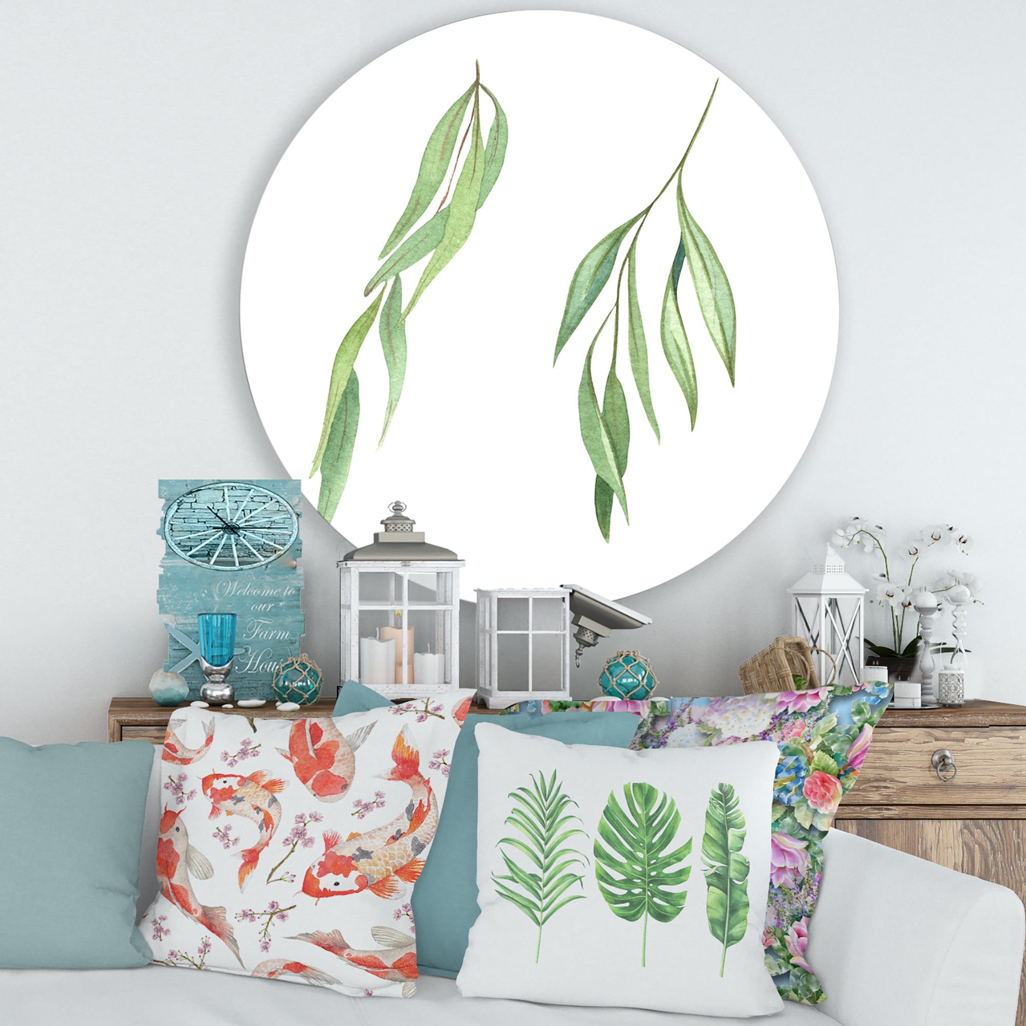 Designart 'Two Willow Branches On White' Farmhouse Circle Metal Wall Art 29x29 - Disc of 29
