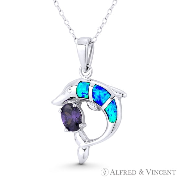 Dolphin Ocean Sealife Charm Created Opal & CZ Crystal 31x19mm (1.2x0.75in) Pendant & Chain Necklace in .925 Sterling Silver w/ Rhodium