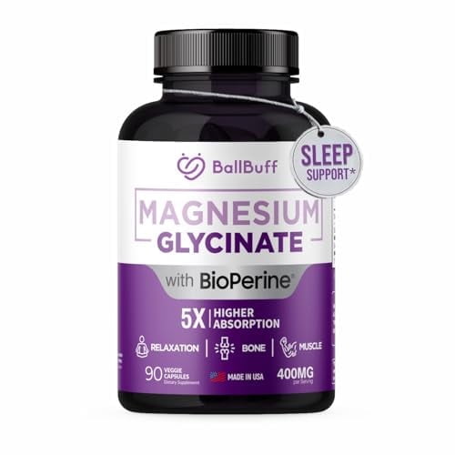 BallBuff Pure Magnesium Glycinate 400mg - 5X Higher Absorption - Stress Relief, Sleep, Bone Health - 100% Chelated - Magnesium Supplement - 90 Veggie Capsules
