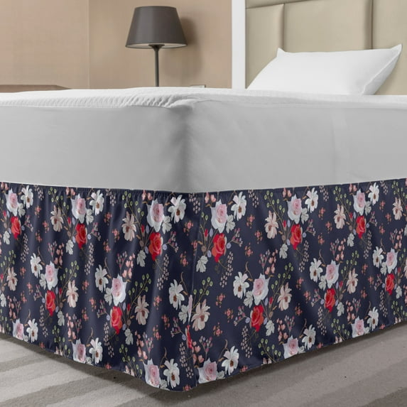 Floral Bed Skirt, Vintage Art Style Bouquet of Roses Meadowsweets and Cosmos Flowers, Elastic Bedskirt Dust Ruffle Wrap Around for Bedding Decor, 4 Sizes, Dark Indigo and Multicolor, by Ambesonne