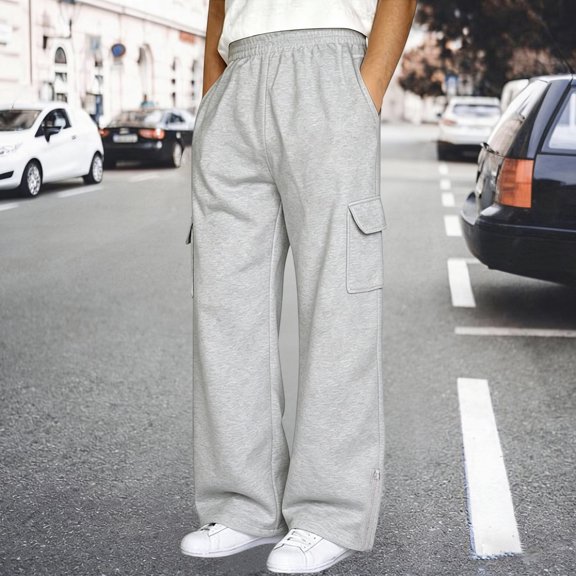 RUTAYY Men's Pants Solid Color Elastic Drawstring Waist Dual Flap Cargo Pockets Side Zipper Hem Wide Leg Full Length Sweat Casual Trousers Grey