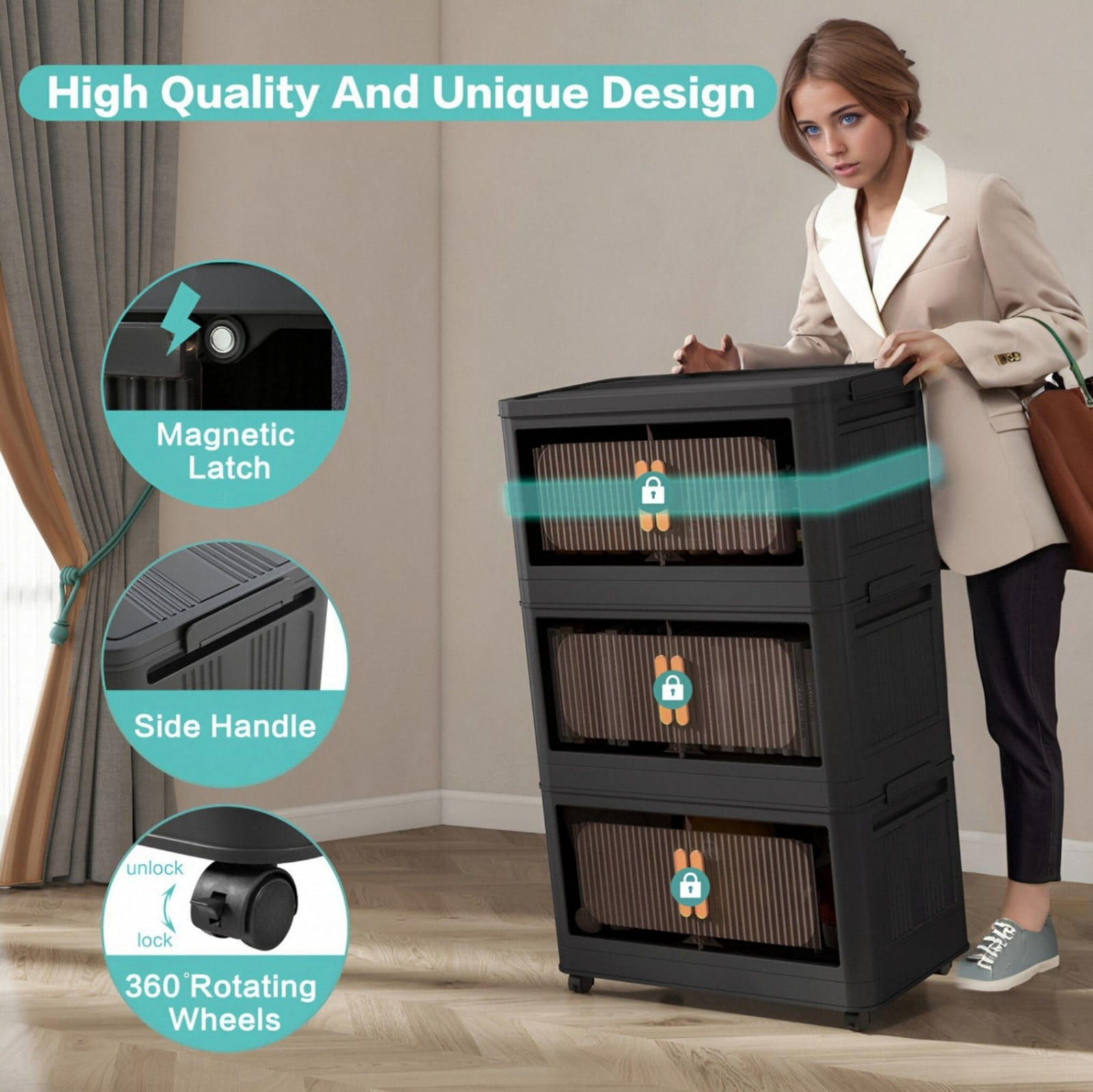 20" Folding Storage Cabinet with Wheels, 5-Tier Collapsible Plastic Organizer with Magnetic Door, Portable Utility Storage Rack, Black