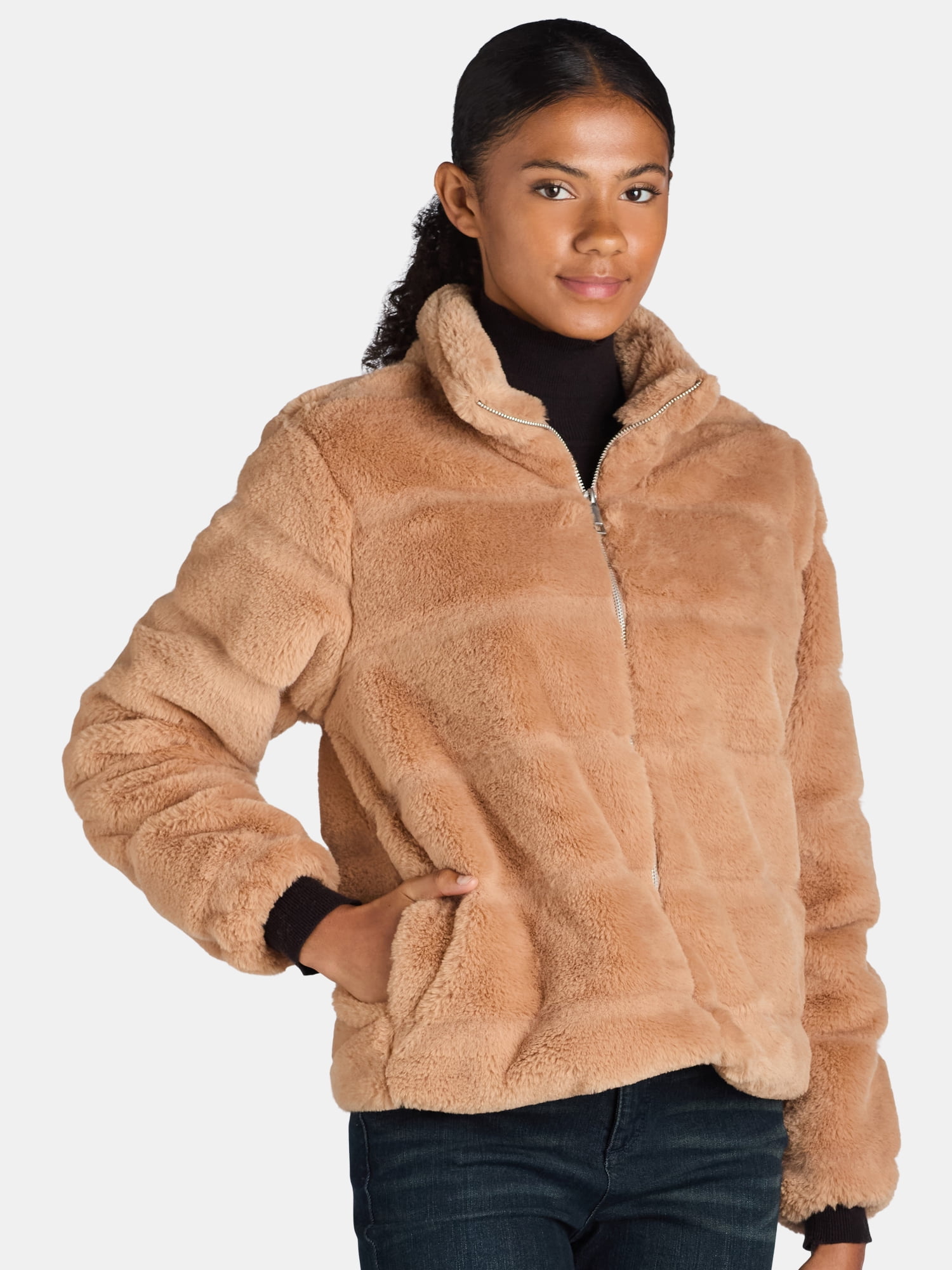 Time and Tru Women's and Women's Plus Faux Fur Channel Jacket, Sizes XS-3X