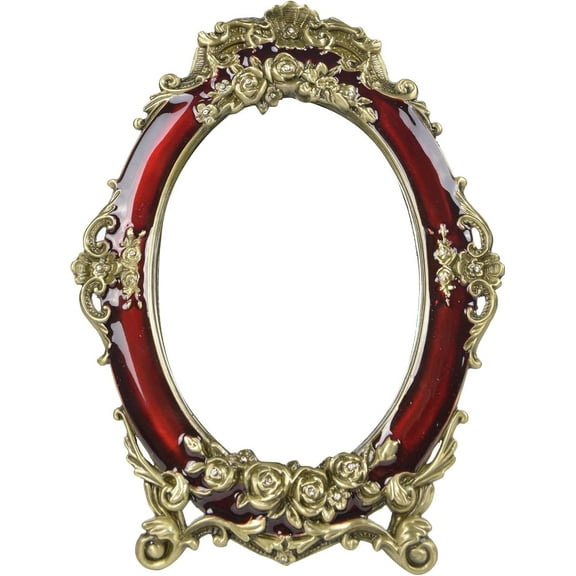 5X7in Decorative Vintage Tabletop Mirror Retro Metal Countertop Vanity Makeup Mirror Rose Embossed Antique Oval Mirror with Stand for Home, Bedroom, Dressers, Living Room, Bathroom Wine Red