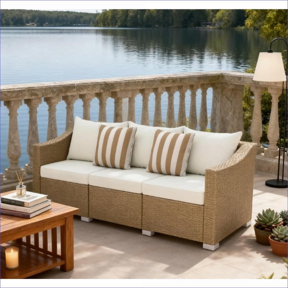 Outdoor Rattan 3 Seater Sofa, All Weather Patio Backyard Couch with Cushions & Throw Pillows | Cream White | Rattan