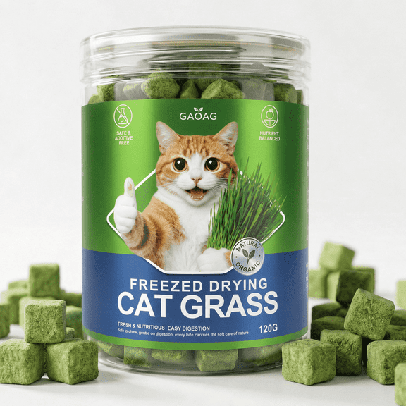 Freeze Dried Cat Grass Treats for Indoor Cats - Chicken & Wheatgrass Dice for Hairball Control & Dental Care, Grain Free High Protein Training Rewards, Digestive Support Cat Snacks (120g)