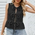 thumbnail image 6 of Womens Denim Vest Crew Neck Tie Front Ruffle Hem Y2k Tops Sleeveless Peplum Jean Shirt Outerwear Black, L, 6 of 7