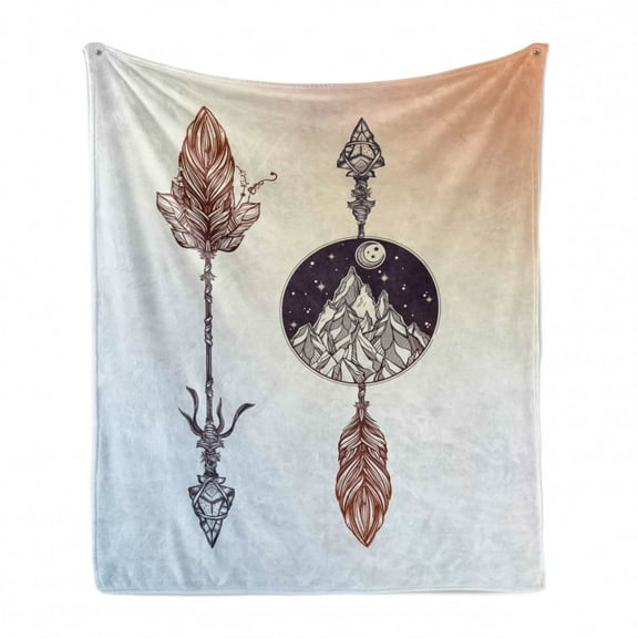 Occult Soft Flannel Fleece Throw Blanket, Boho Elements with Feather and Rocky Mountain Arrow Design, Cozy Plush for Indoor and Outdoor Use, 70" x 90", Sepia Blue, by Ambesonne