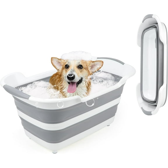 7.13 Gal/27L Raised Collapsible Dog Bathtub with Drain Hair Catcher, Multifunctional Pet Washtub for Small to M Dog, Portable Puppy Tub Cat Shower Basin Laundry Basket Storage Organize Bucket