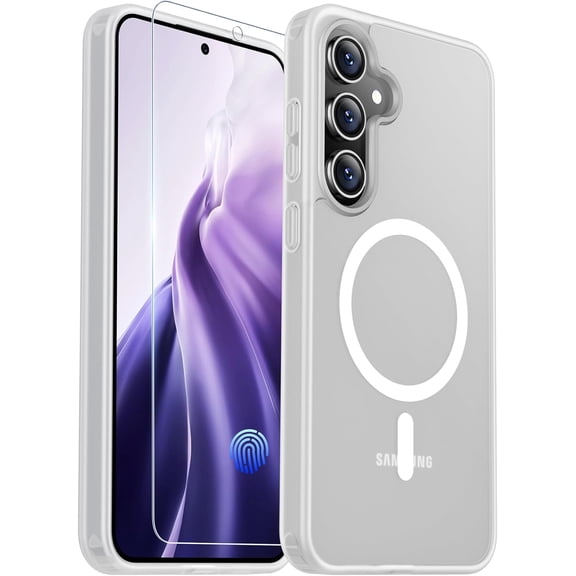 Magnetic for Samsung Galaxy S24 FE Case, with [Tempered Glass Screen Protector][Compatible with MagSafe][Military Grade Shockproof] Slim Translucent Matte Phone Case for S24 FE 6.7"- Clear