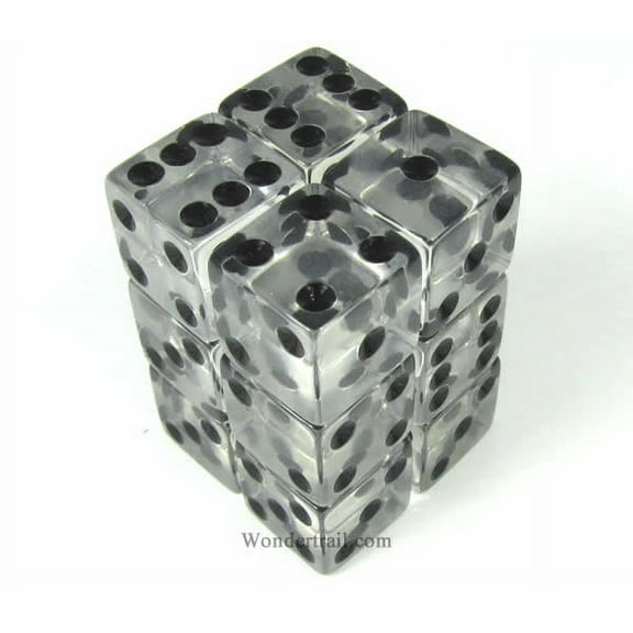 Clear Transparent Dice with Black Pips D6 16mm (5/8in) Pack of 12 Koplow Games