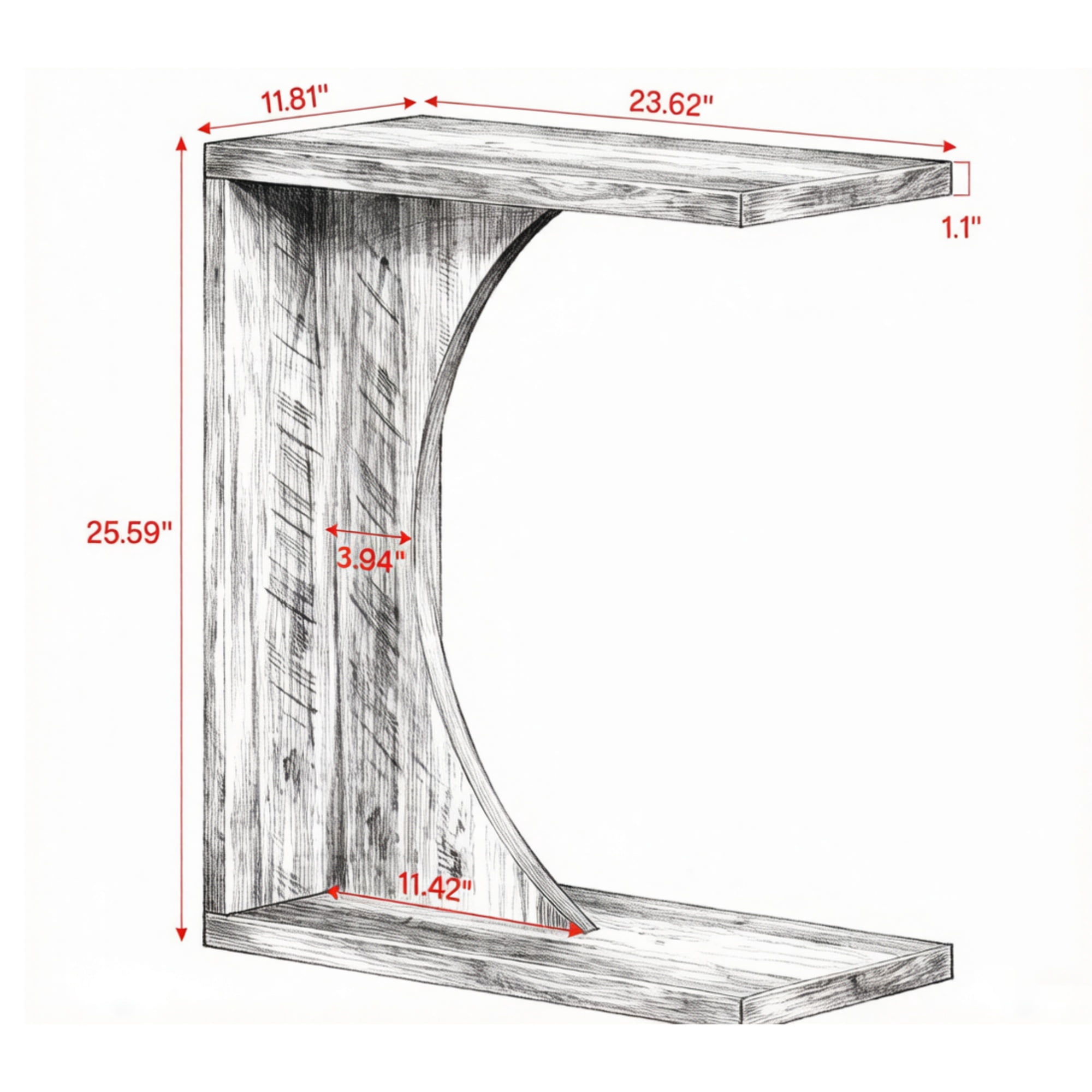 C-Shaped Narrow End Table 23.62in Wide MDF Sofa Side Table with Adjustable Feet, Slim Space Saving Side Table for Small Space Living Room Bedroom Laptop Coffee Drinks