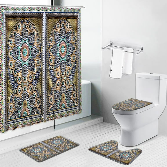 National Style Morocco Mandala Shower Curtain Antique Doors Bathroom Curtains Non-Slip Rug Set Toilet Lid Cover Carpet Bath Mat