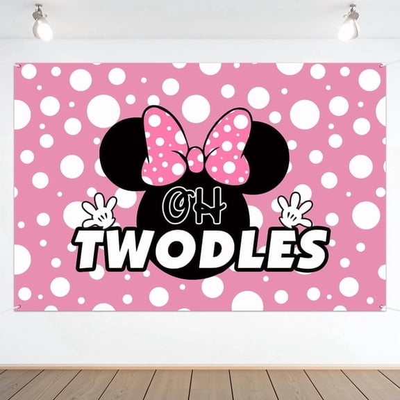 Oh Twodles Backdrop Banner Pink Happy 2nd Birthday Theme Party Decorations Cheer to Two Years Old Photography Background Supplies for Girls 4x6FT