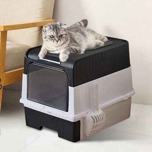 Cat Litter Box, Enclosed Removable Litter Boxs for Big Cats, Front Entry Top Exit Kitty Box Odor Control (Black)