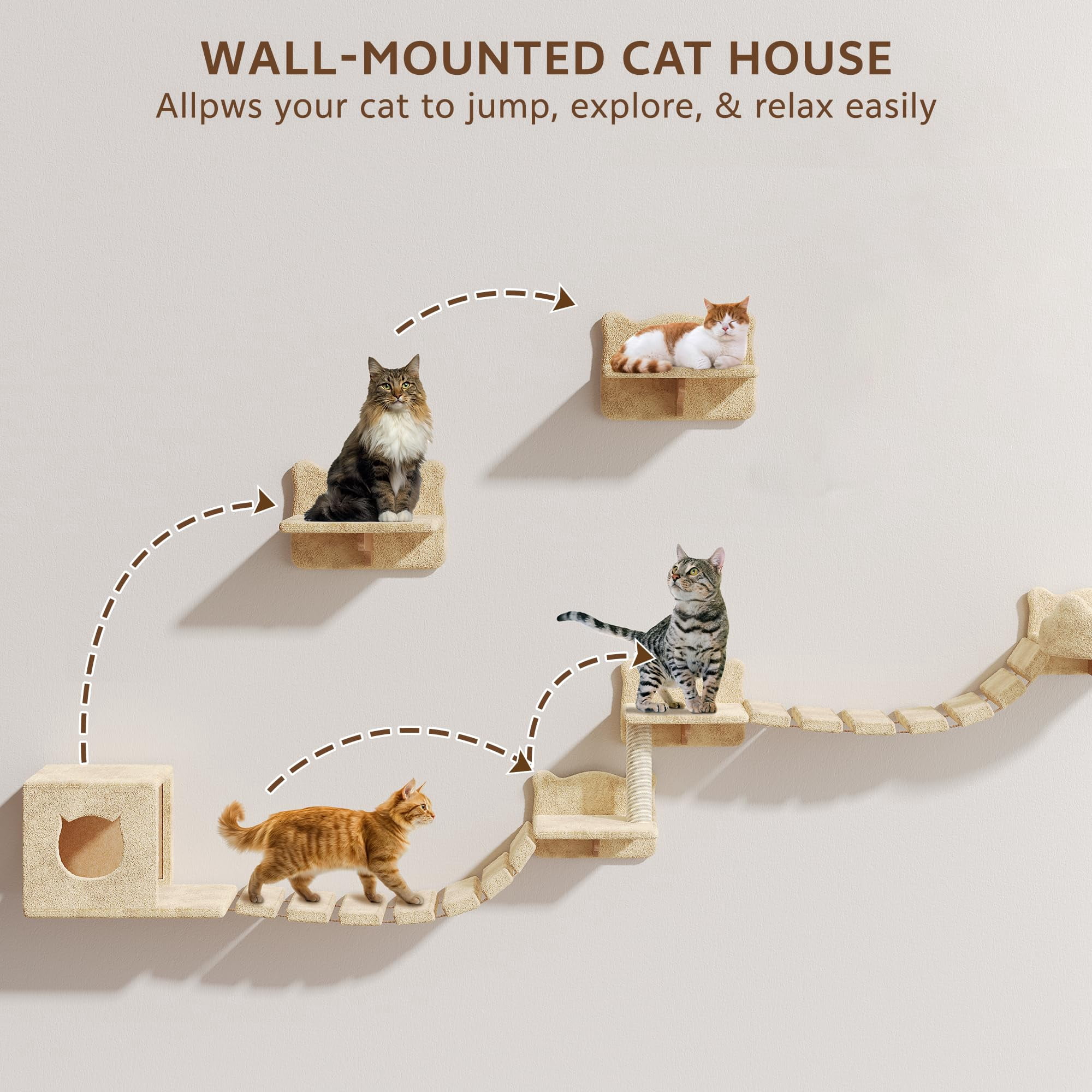 9-in-1 Cat Wall Shelves  Stable & Safe Mounted Cats Shelf Furniture Set With Plush Fabric Wooden Climbing Systems Bridge Ladder Floor Space-saving Beige