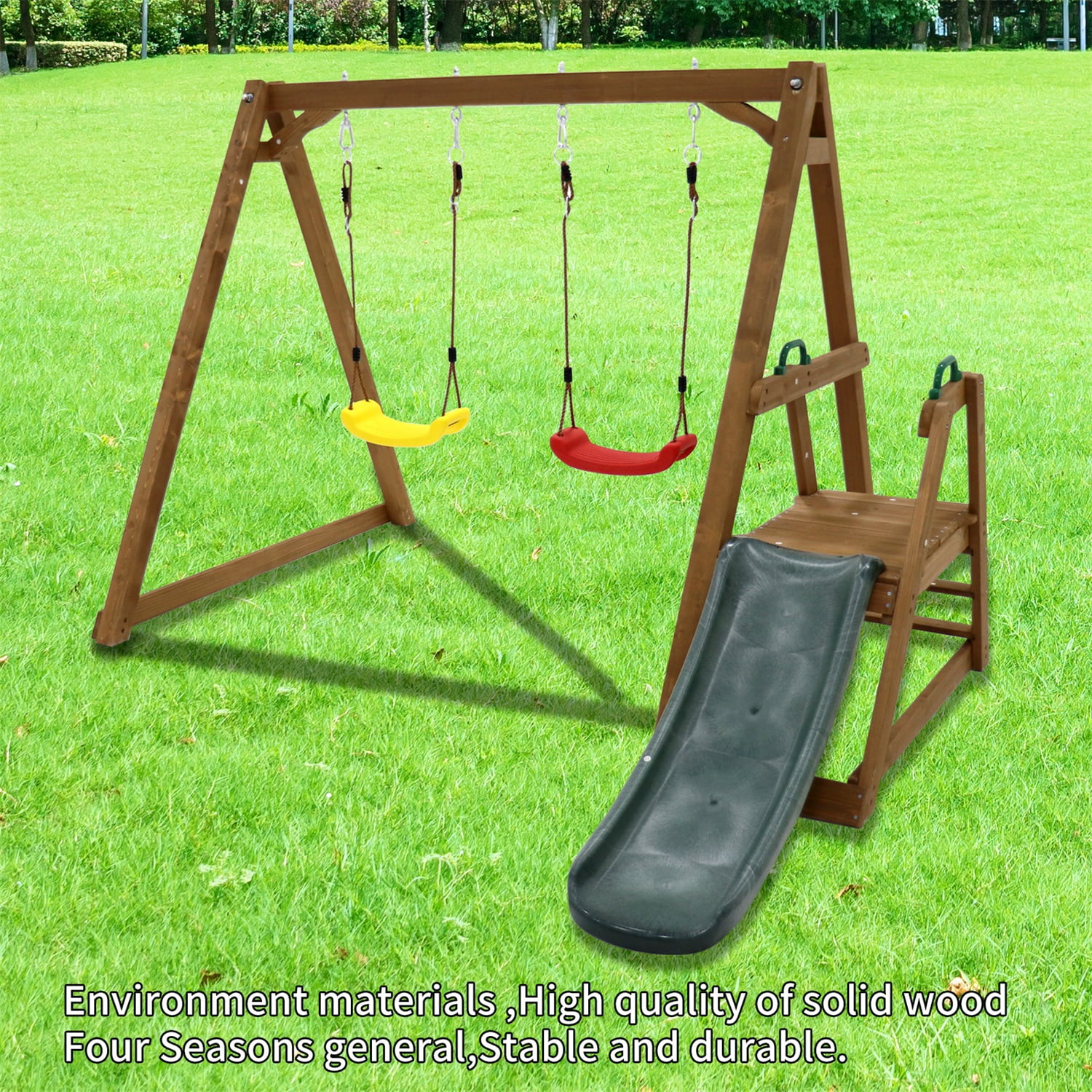 CIPACHO 2 in 1 Outdoor Wooden Swing Set with Slide for Kids Climbing Rope Ladder Backyard Playset CIPACHO 2 in 1 Outdoor Wooden Swing Set with Slide for Kids Climbing Rope Ladder Backyard Playset
