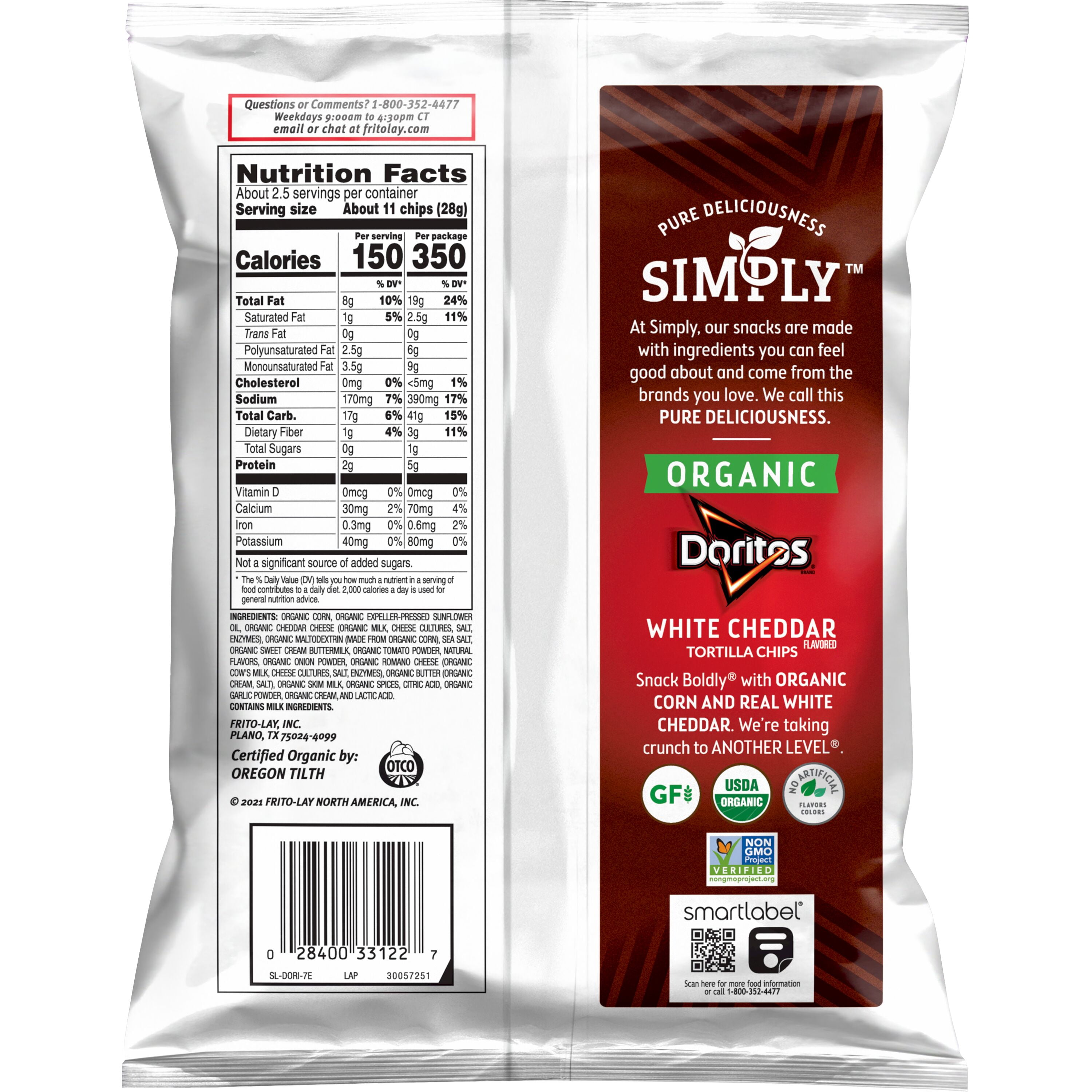 Doritos Simply Organic White Cheddar Flavored Tortilla Chips Snack Chips, 2.375 oz Bag