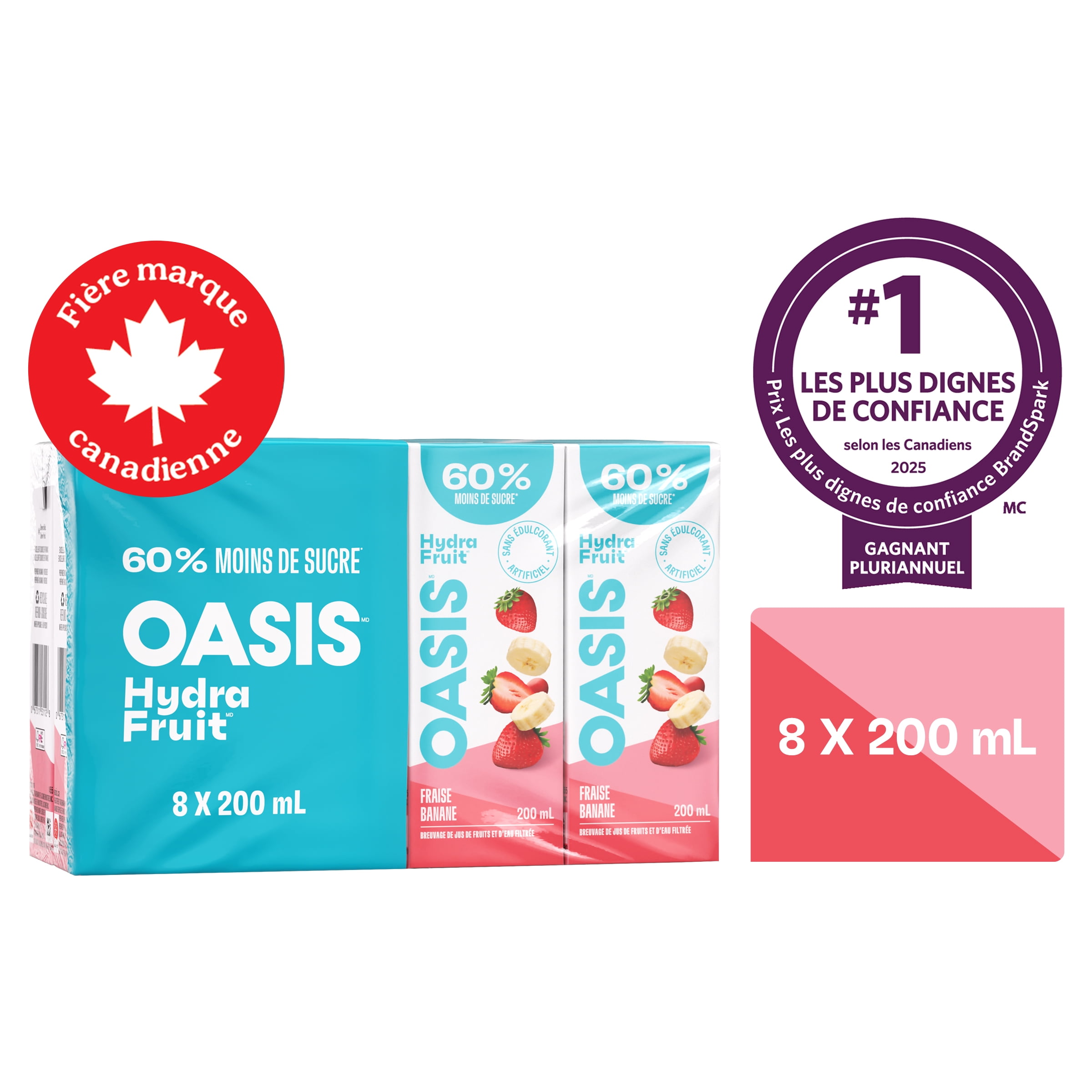Boîtes de jus de fruits fraise banane JUS FRAISE/BANANE OASIS HYDRAFRUIT 8X200ML