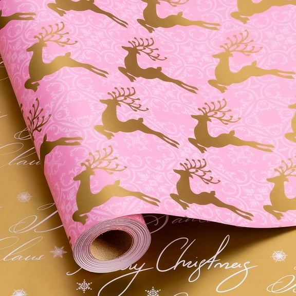 Pink Christmas Wrapping Paper Roll，Gold Reindeer & Merry Christmas Design Gift Wrap Reversible for New Year Winter Party Wedding Baby Shower Festival Celebration - Mini Roll - 17 In x 32.8 Ft