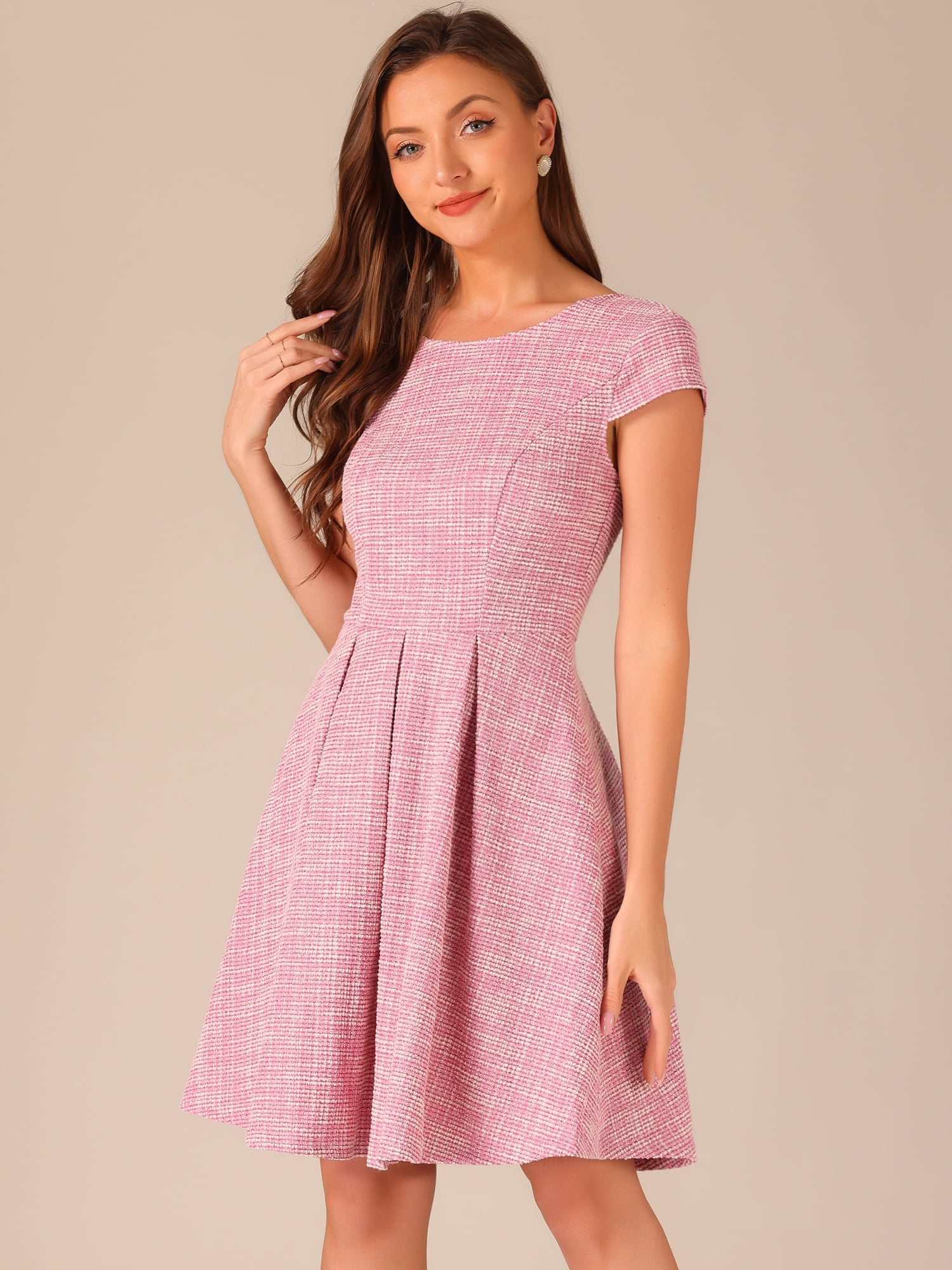 DARING DIVA Women's Tweed Cap Sleeve A Line Vintage Pleated Dresses M White Pink