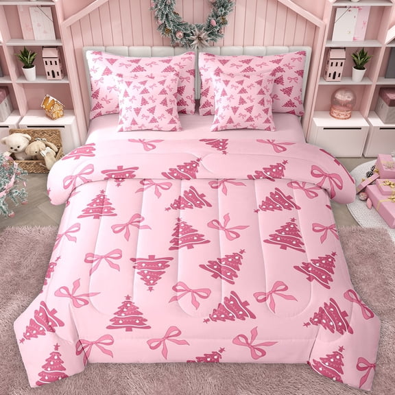 Homewish Cute Bowknot Bowtie 7-Piece Twin Bedding Sets,Cartoon Christmas Tree Bedding Comforter Set,Pink Bow Ribbon Sheet Sets For Kids,Microfiber Bedroom Decor Reversible