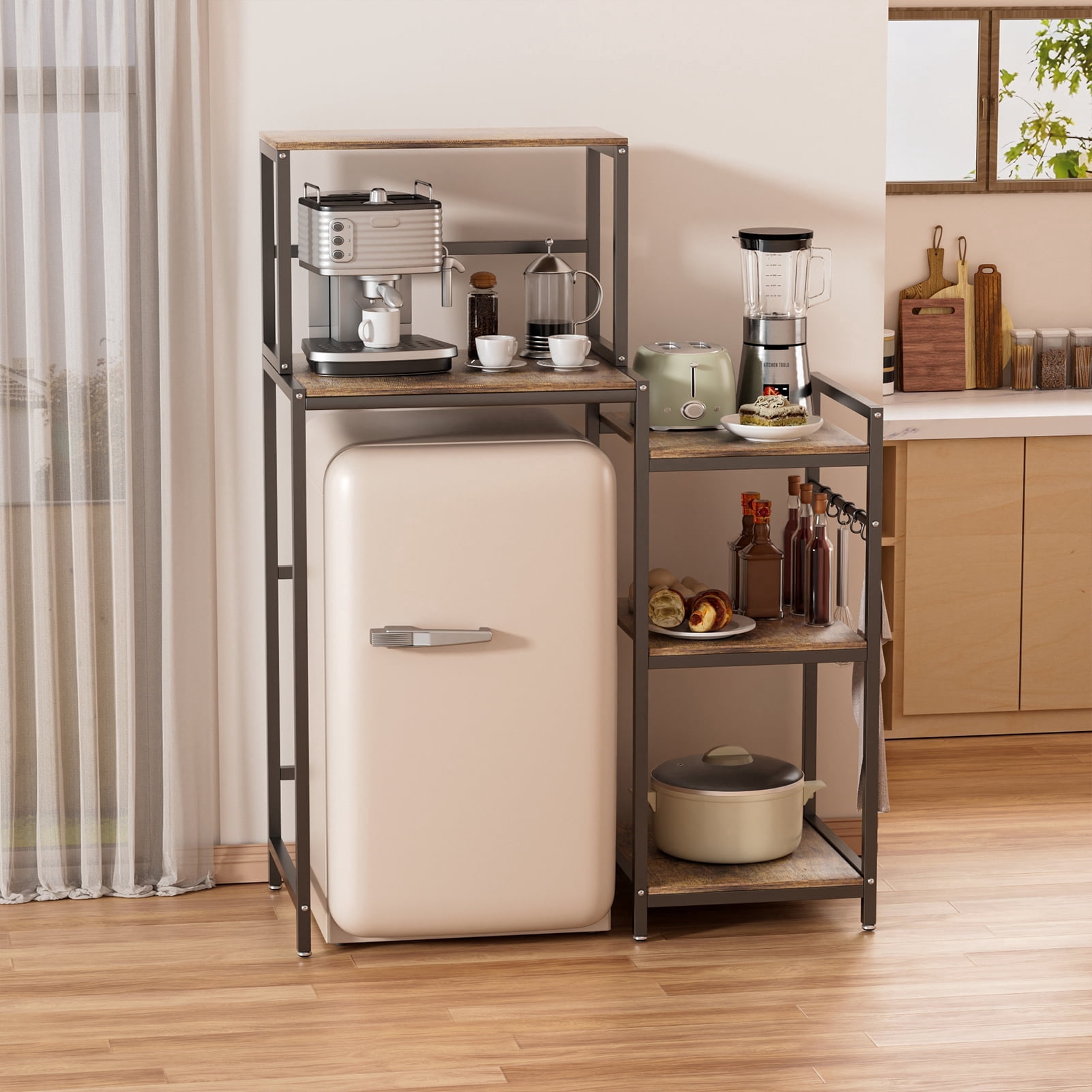Dbuoem Kitchen Storage Rack with Storage Shelves, 5-Tier Mini Fridge Cabinet Microwave Stand Baker Rack