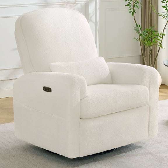 BaseBeauty Power Swivel Rocker Recliner, Nursery Recliner Glider Chair with Adjustable Headrest, Teddy White