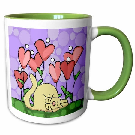 3dRose Valentine Folk Art, Whimsical Heart Flower Garden with Cat, Purple Background - Two Tone Green Mug,
