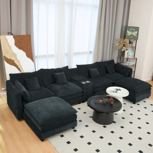U Shaped Sectional Cloud Couch, Modern Black Chenille Modular Sofa with Movable Ottoman, 6 Seat Living Room Sectional with Console, Cup Holders, Storage, 144" Large Comfy Sofa Set for Home