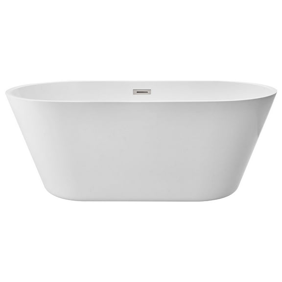 KFFKFF Acrylic Freestanding Bathtub, 59-Inch Contemporary Soaking Tub with Brushed Nickel Overflow and Drain, Sleek Oval Design Standalone Tub for Modern Bathrooms or Renovation Projects