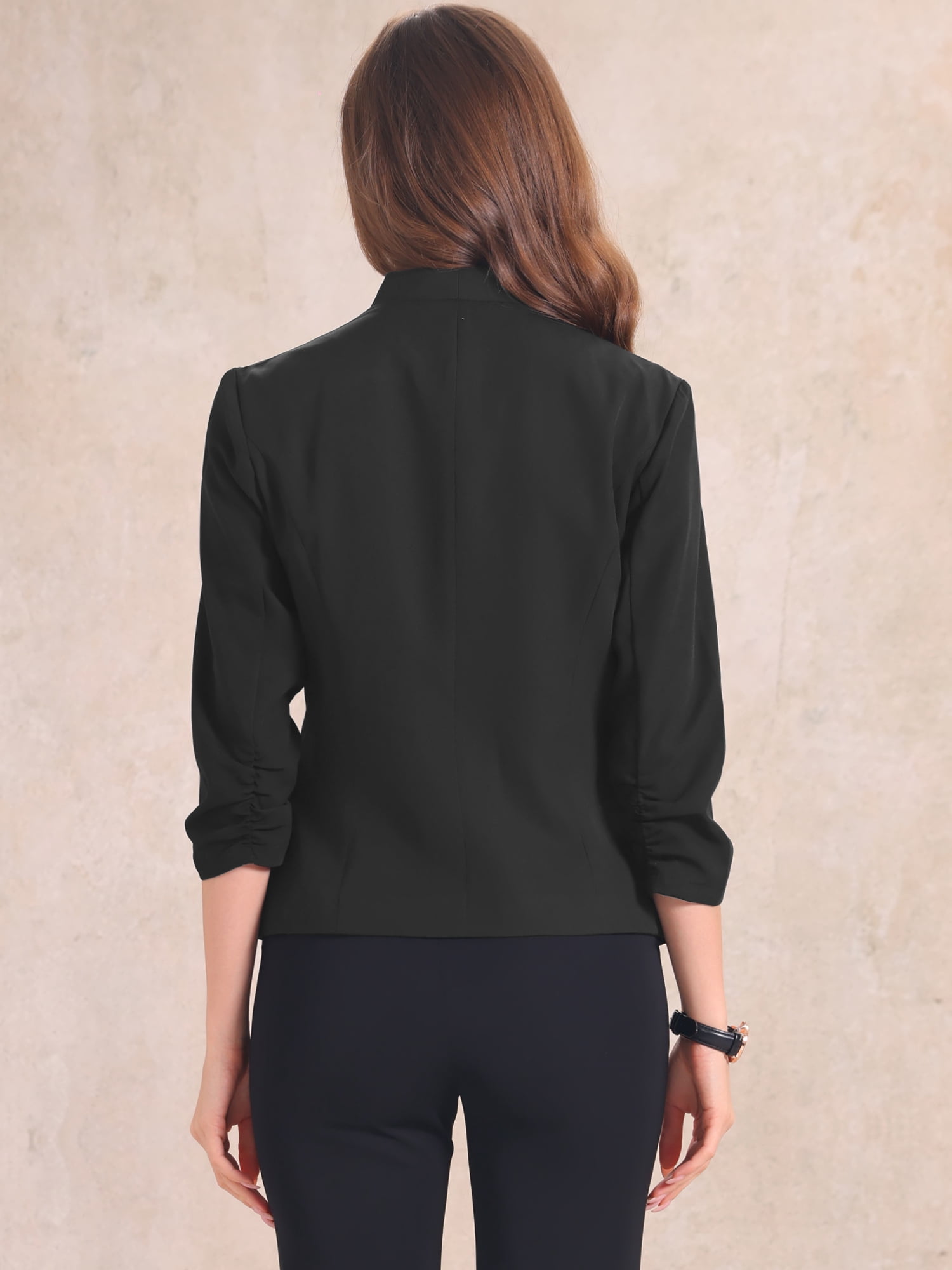 DARING DIVA Women's 3/4 Ruched Sleeve Blazer with Zipper Pockets XS Black