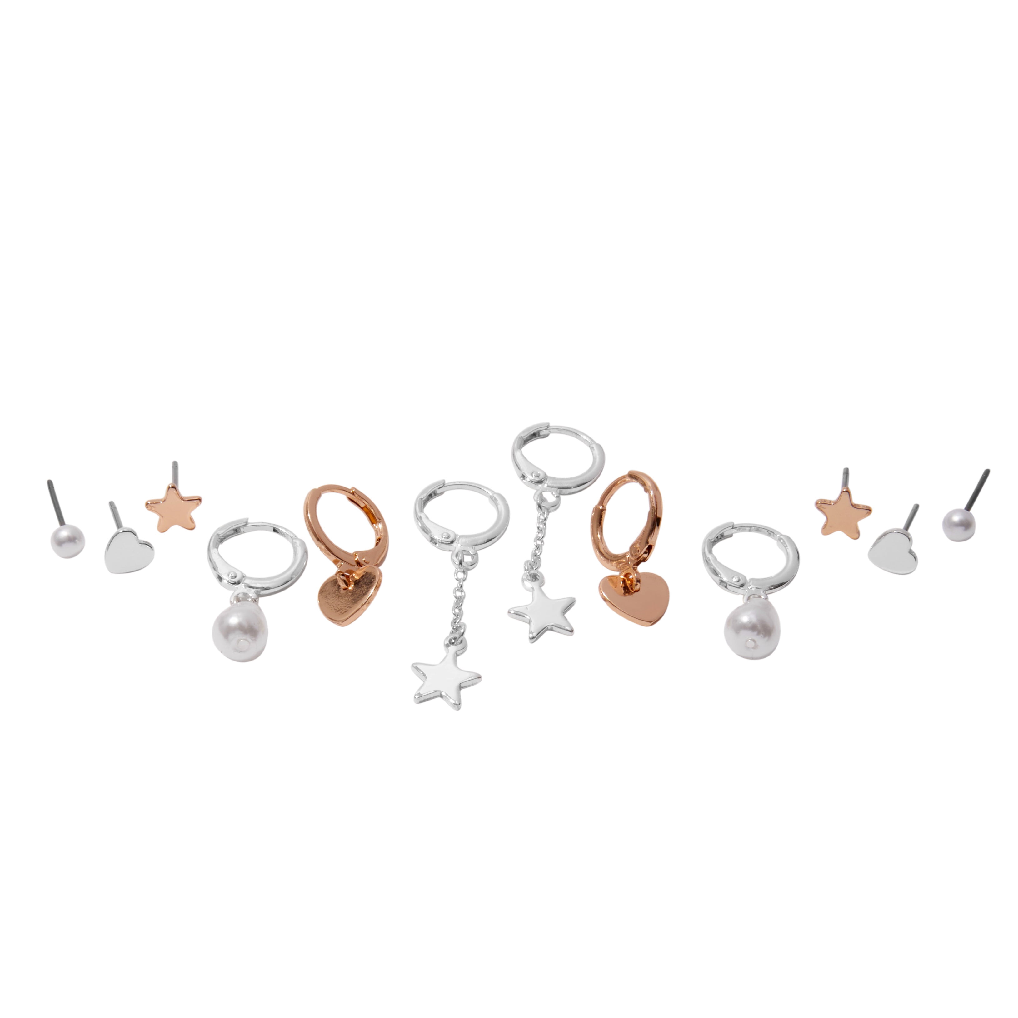 Claire's Teen Girls Stackable Silver and Gold Star and Heart Earring Set, 6-Pack