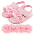 thumbnail image 1 of Sandalias de verano para bebés y niñas de cuero de PU Casual con volantes antideslizantes suela suave zapatos para caminar recién nacidos con diadema 0-18 meses, 1 of 4