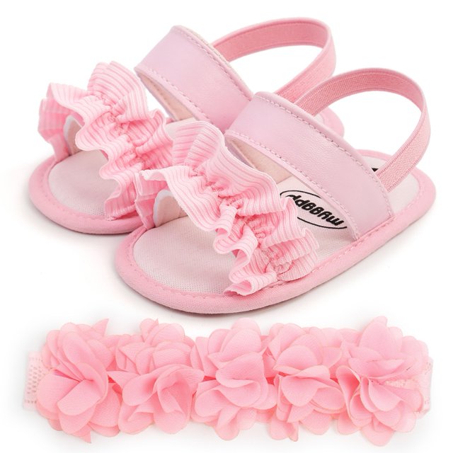 Sandalias de verano para bebés y niñas de cuero de PU Casual con volantes antideslizantes suela suave zapatos para caminar recién nacidos con diadema 0-18 meses