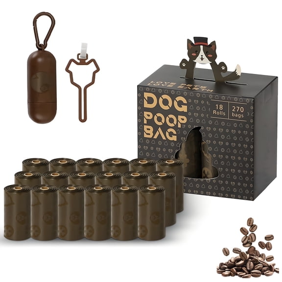 Skdwakiz Dog Poop Bags with Dispenser & Hanging Hoder - 18 Rolls 270 Counts, Extra Thick Leak-Proof Waste Bags with Coffee Scent for Dog and Cat, Brown