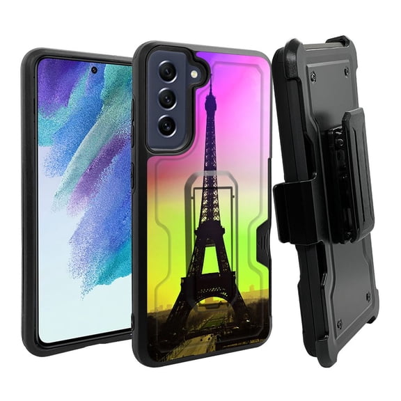 ANJ  Rugged Dual Layer Hybrid Holster Kickstand Case w/ Card Slot   Tempered Glass Cover for Samsung Galaxy S21 FE 5G - Eiffel Tower at Dusk