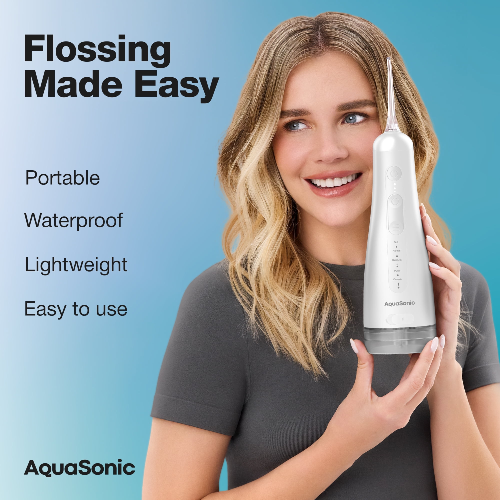 Aquasonic Precision Flosser, Rechargeable Cordless Water Flosser with 4 Modes, 8 Pressure Levels, 2 Tips & Travel Bag, White