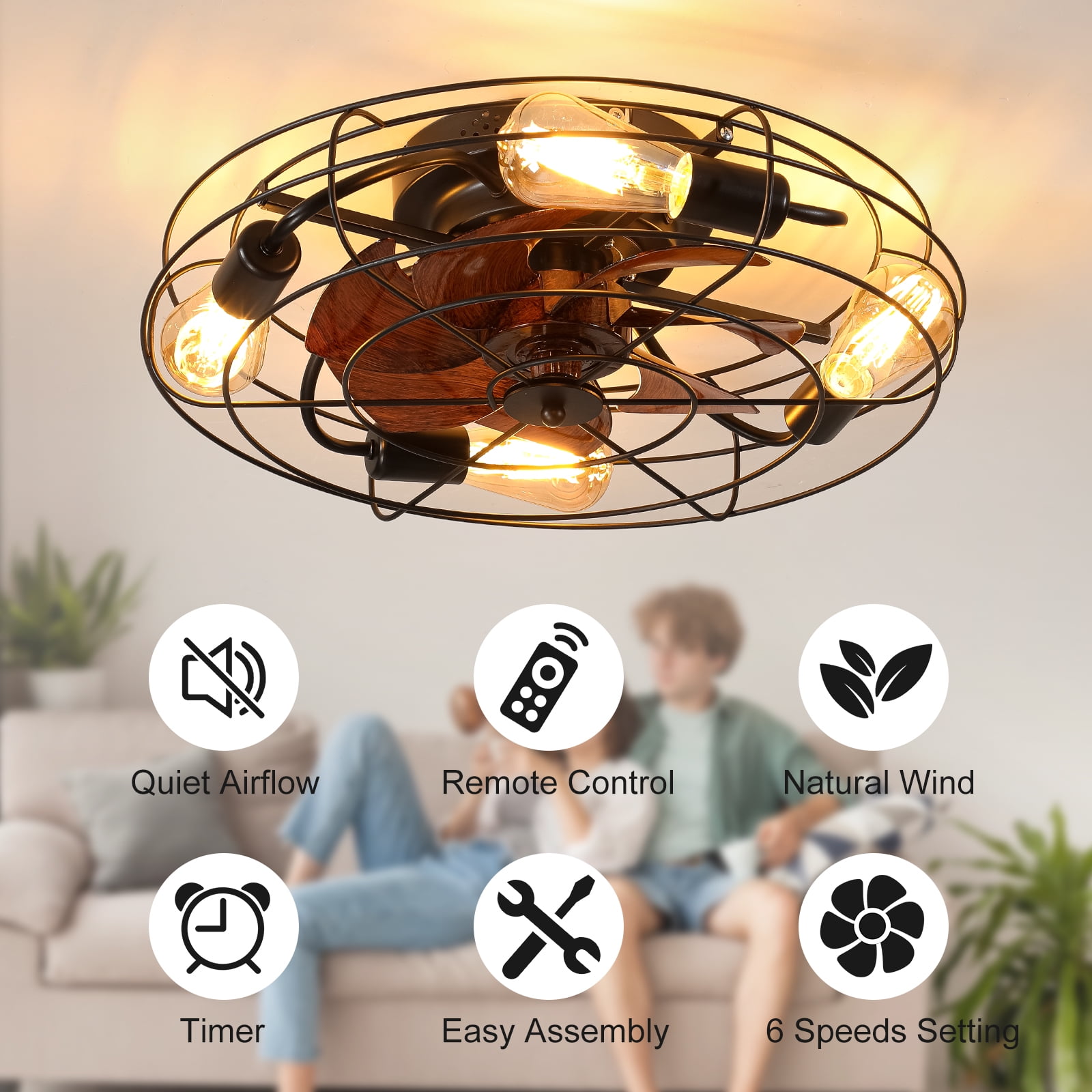 Aukfa 20" Caged Ceiling Fan with Lights and Remote, 6-Speeds Bladeless Enclosed Fan for Bedroom, Kitchen, Farmhouse