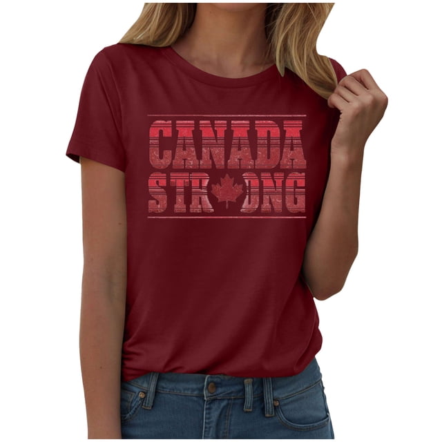 Ramiter T-Shirts Canadiens pour Femmes T-Shirts pour Femmes Imprimé Feuille d'Érable Point Col Rond Fête du Canada T-Shirts Rouges Vin,P