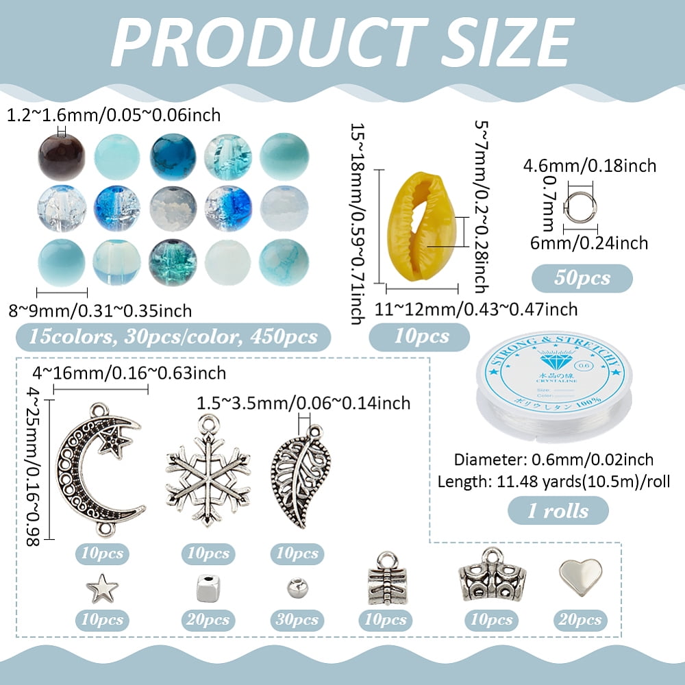 DIY Jewely Marking Finding Kits Elastic Thread 450Pcs Glass Round Bead 60Pcs Tibetan Style Alloy Pendants 70Pcs Alloy Beads 10Pcs Cowrie Shell
