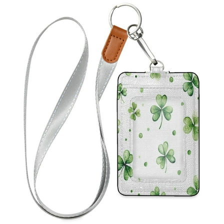 PU Leather ID Badge Holder Stylish Badge Holders with Lanyard (4.3x2.8x0.3in) for Cards & Credentials Shamrock Leaves