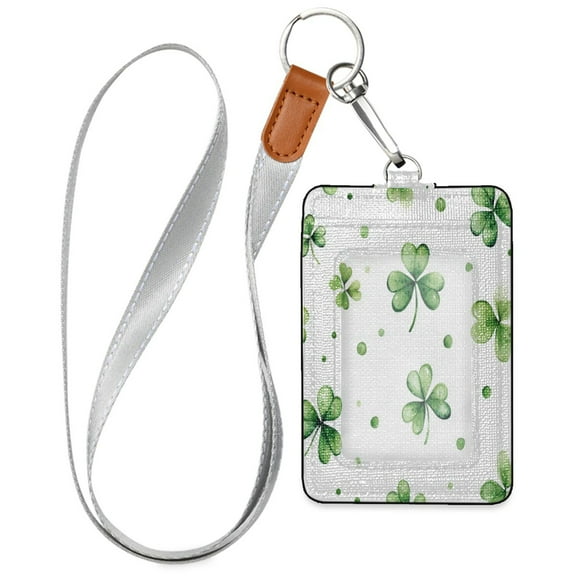 PU Leather ID Badge Holder Stylish Badge Holders with Lanyard (4.3x2.8x0.3in) for Cards & Credentials Shamrock Leaves