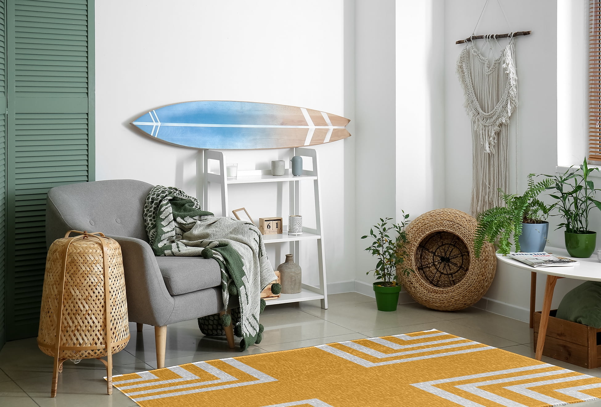 4' x 6' Simply Daisy Corner Stripes Modern & Contemporary Chenille Area Rug, Egg Yolk Yellow